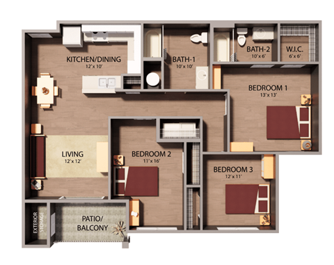 Floor plan for 3 beds, 2 baths, 1172 sqft